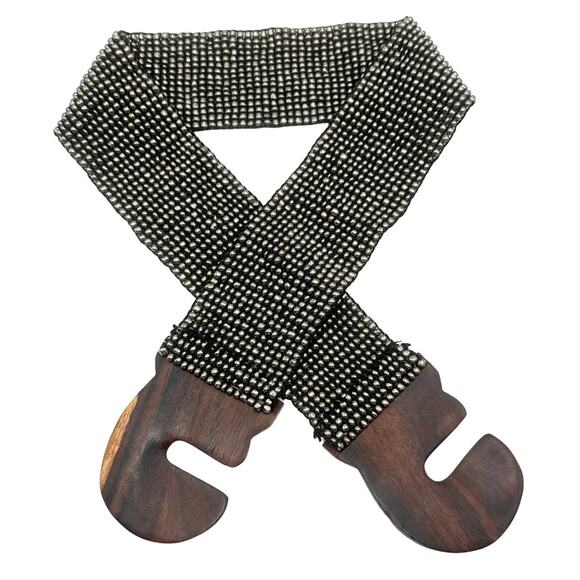 ANTHRO Accessories - ANTHROPOLOGIE - BOHO - Beaded elastic belt wooden buckle Pewter bead color